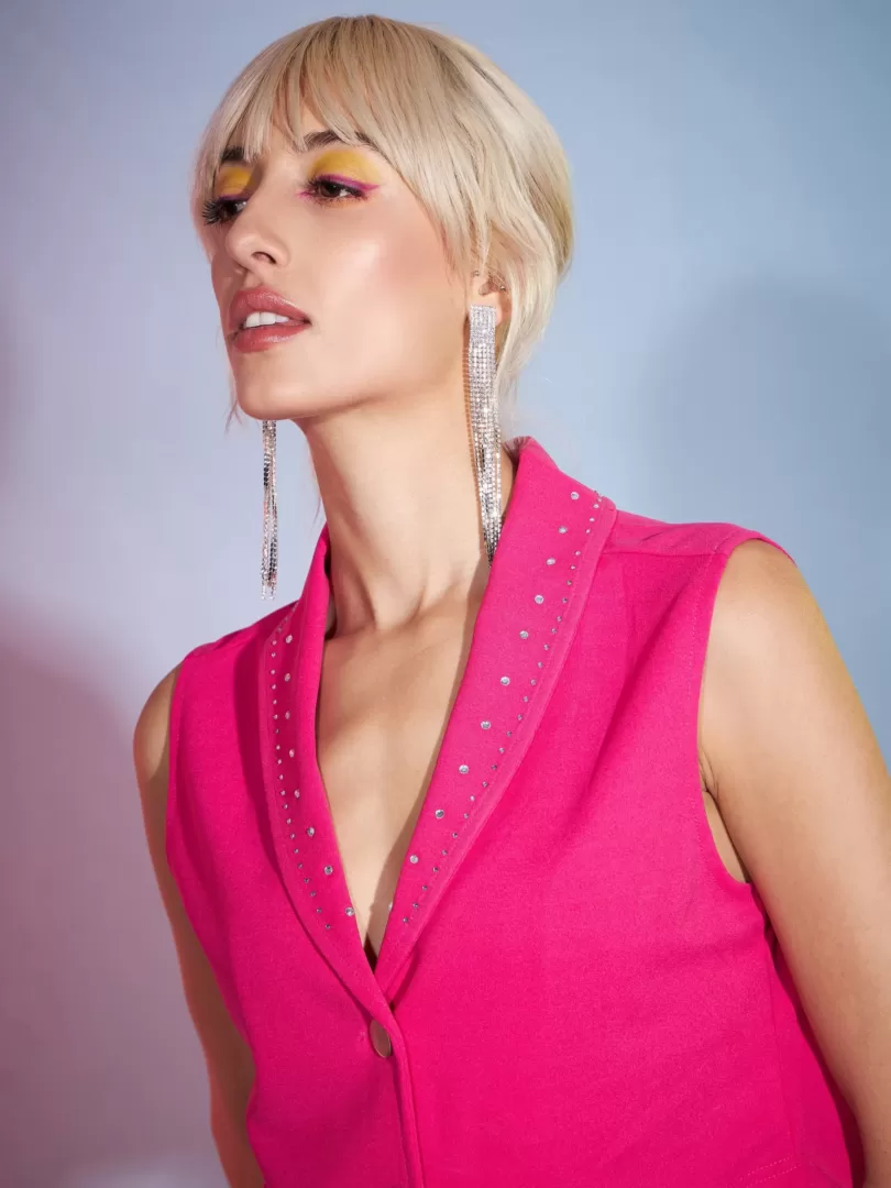 Women Pink Studded Shawl Collar Crop Top With Mini Skirt