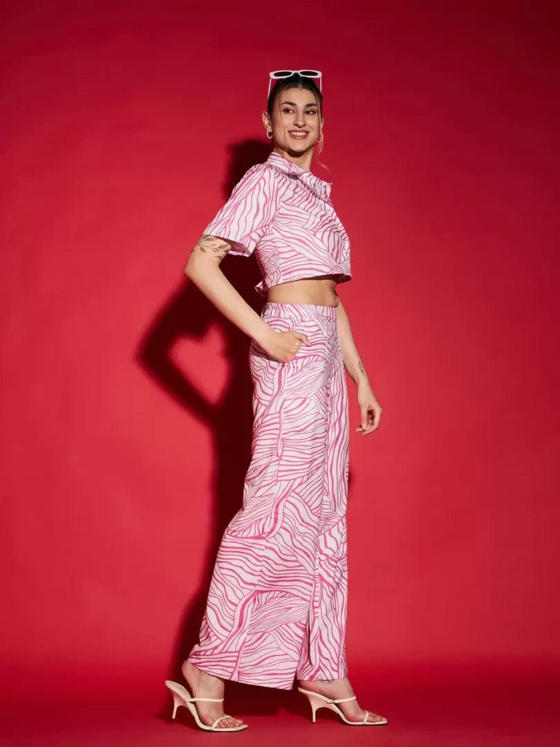 Women Pink Abstract Print Crop Shirt With Straight Pants