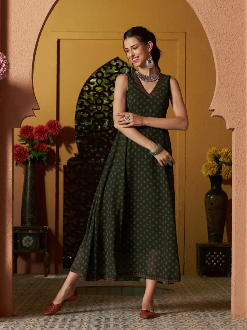 Women Green Floral Slant Empire Seam Maxi Dress