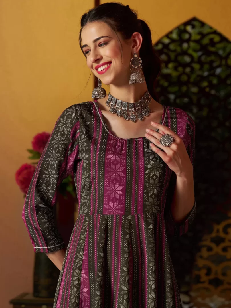 Women Maroon Geometric Floral Anarkali Maxi Dress