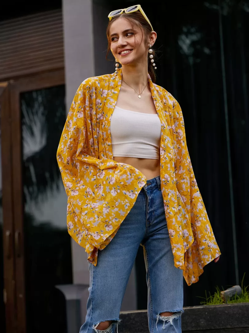 Women Yellow Floral Front Open Shrug
