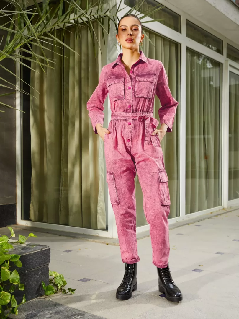 Women Pink Washed Front Button Cargo Jumpsuit