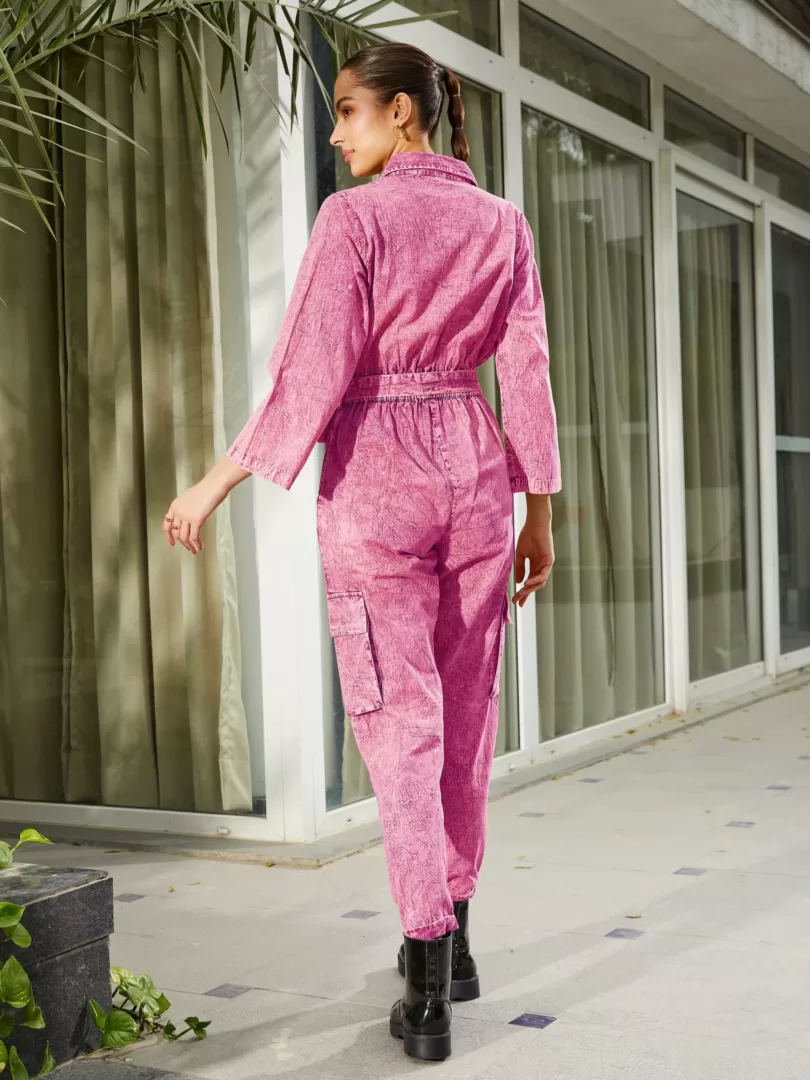 Women Pink Washed Front Button Cargo Jumpsuit