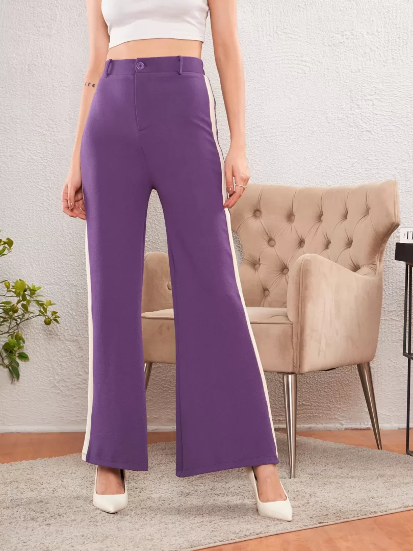 Women Purple Side Tape Bell Bottom Pants
