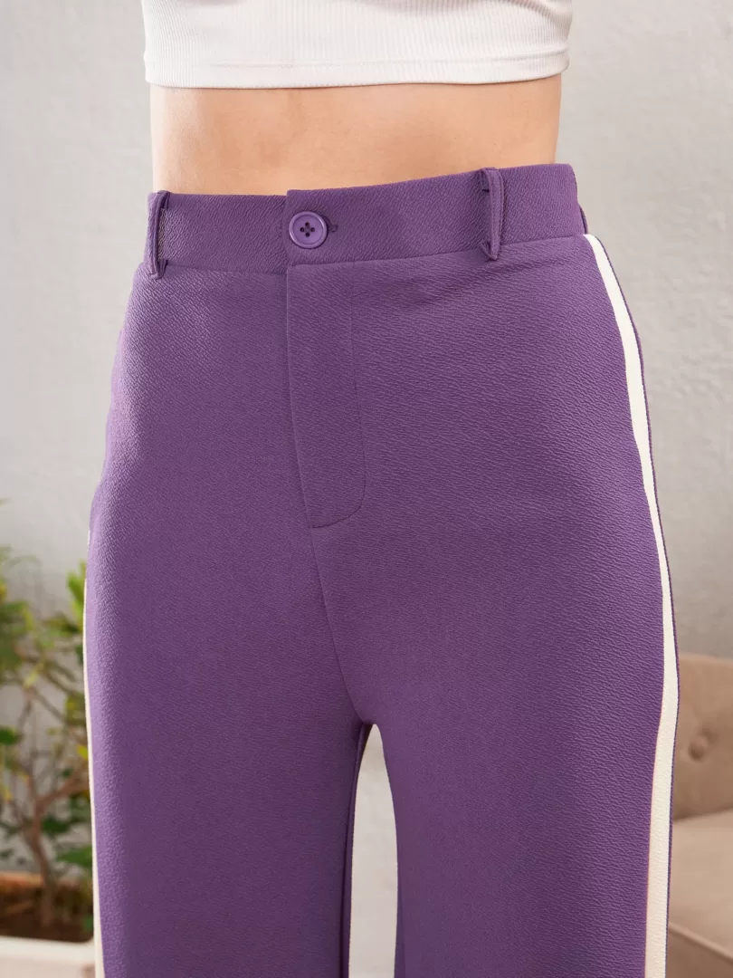 Women Purple Side Tape Bell Bottom Pants