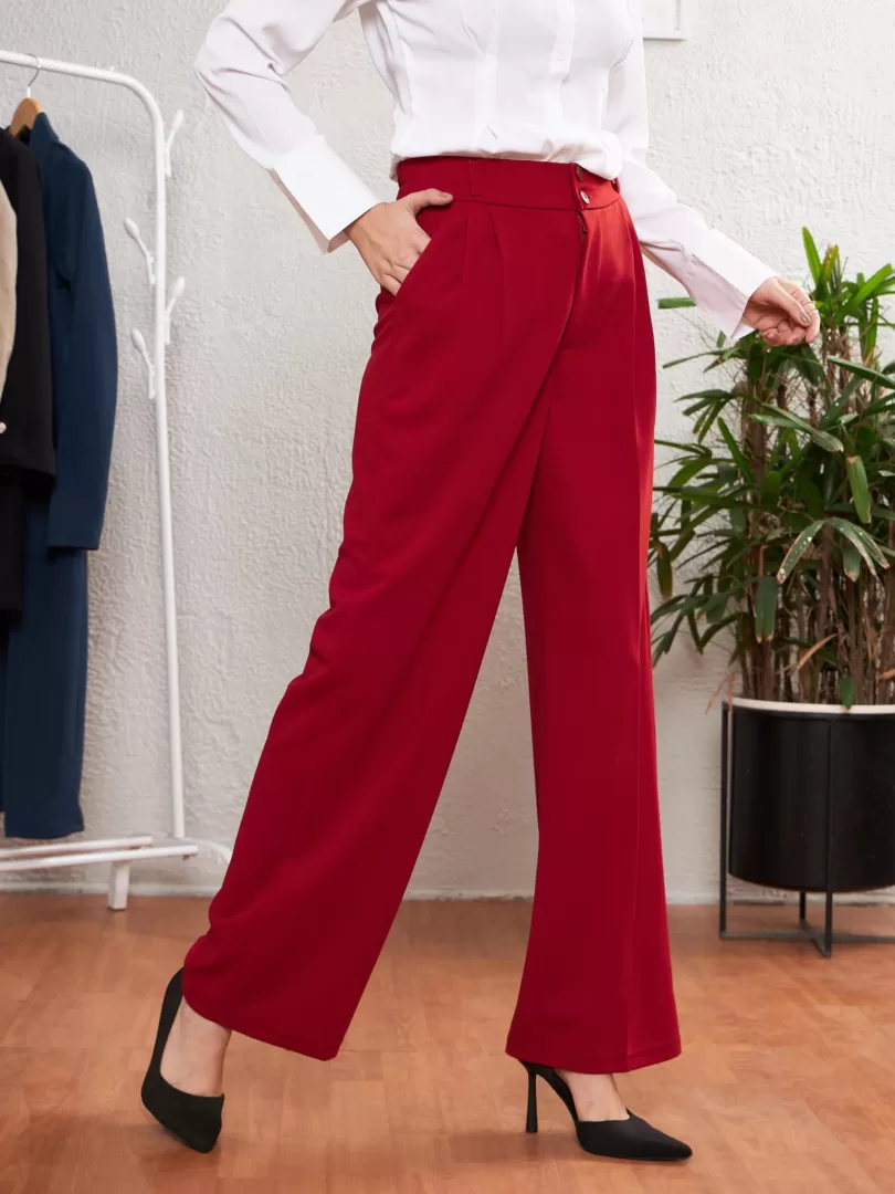 Women Red Pleated Straight Pants