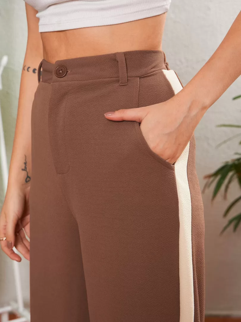 Women Brown Side Tape Straight Pants