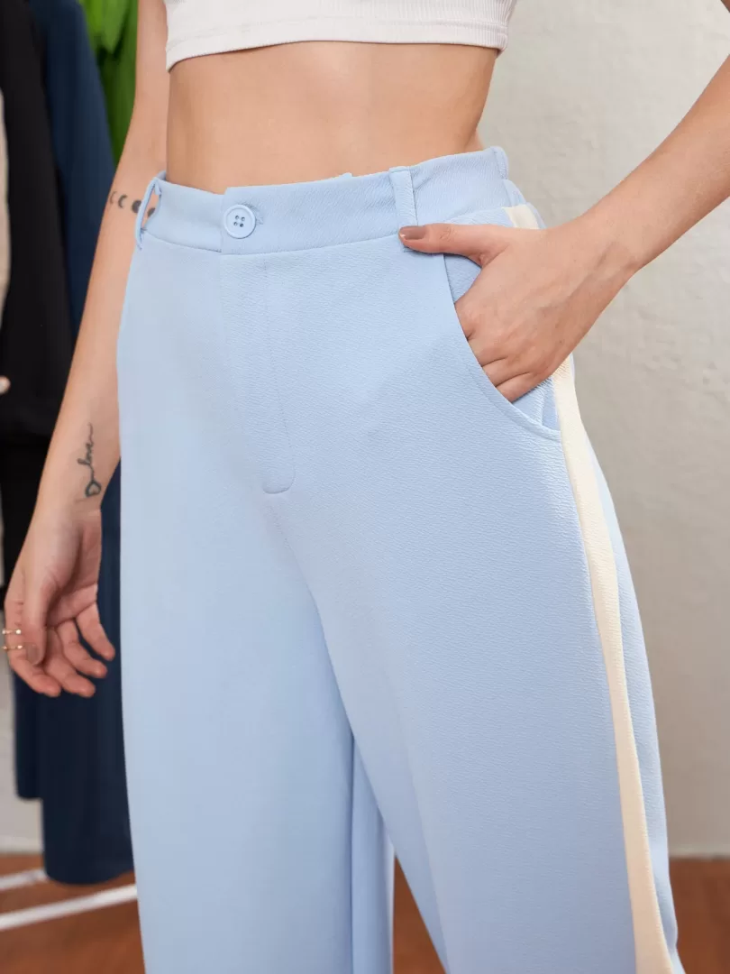 Women Blue Side Tape Straight Pants