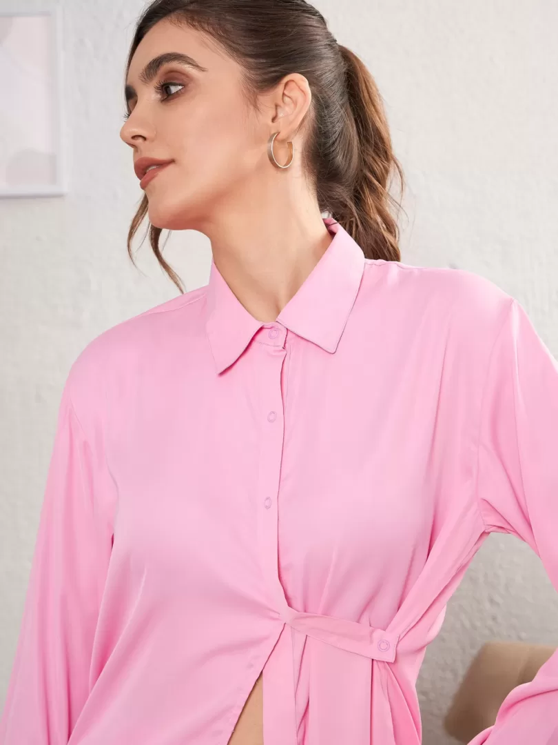 Women Pink Satin Turn-Down Collar Blouse