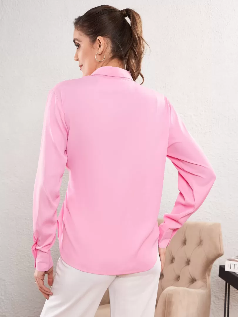 Women Pink Satin Turn-Down Collar Blouse