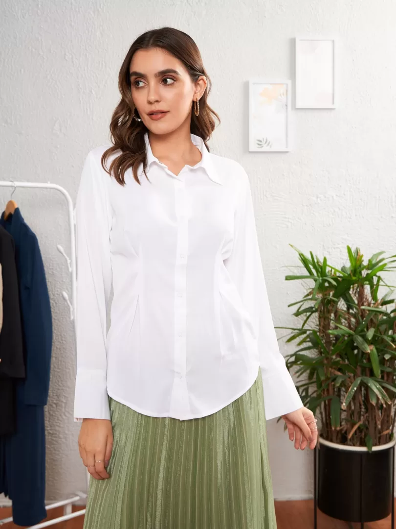 Women White Satin Pleated Fold Slim Waist Shirt