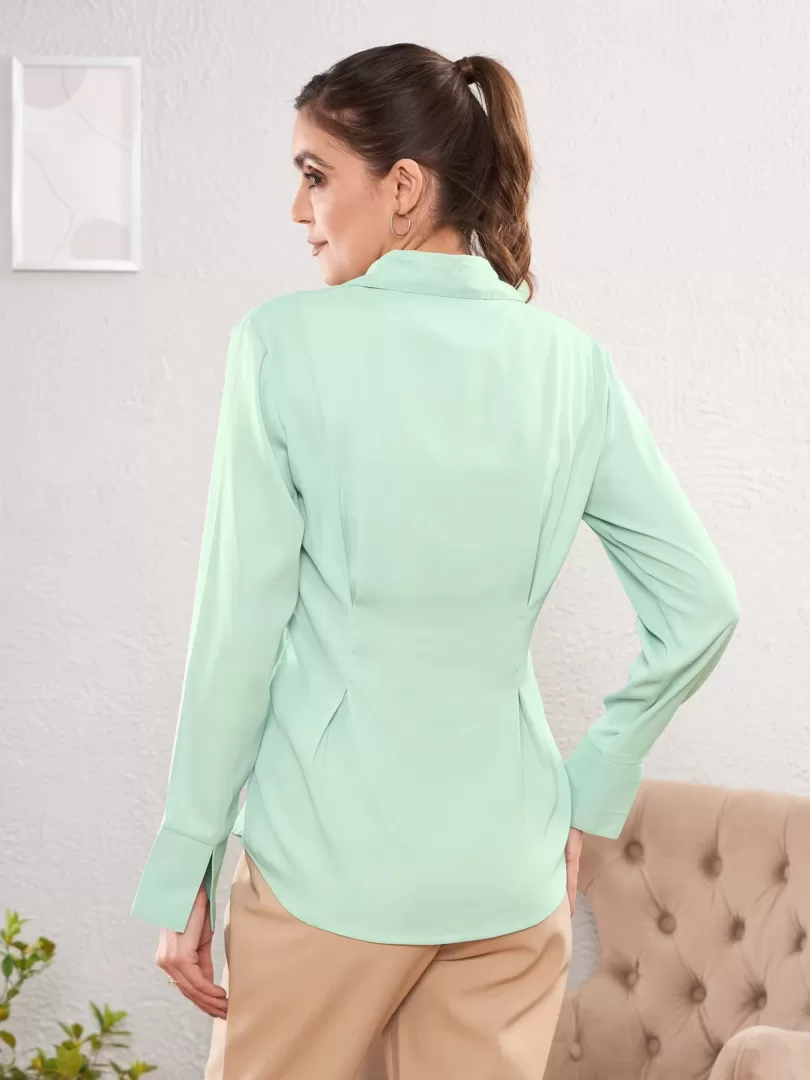 Women Green Satin Pleated Fold Slim Waist Shirt