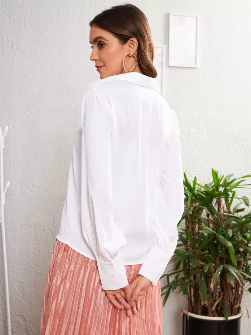 Women White Satin Front Ruched Shirt