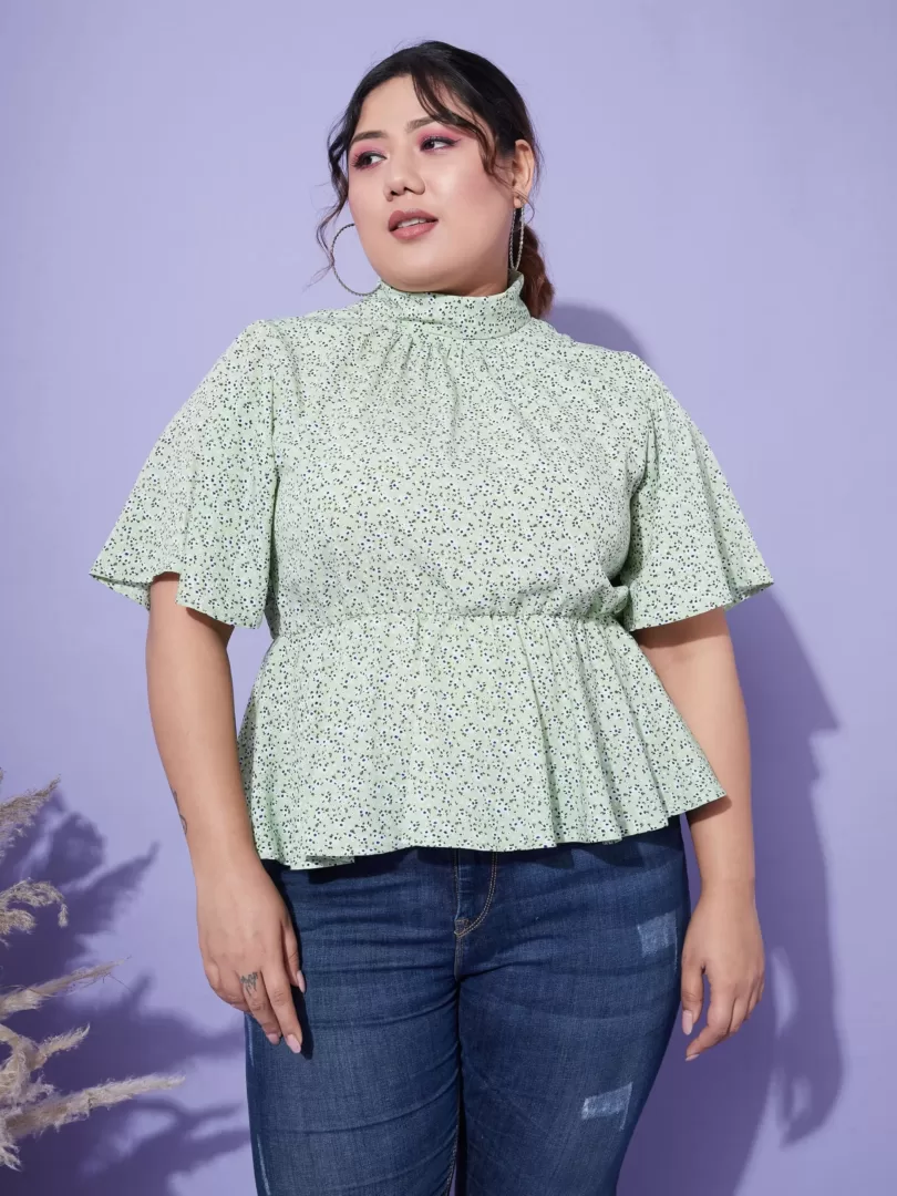 Women Green Floral Back Tie-up Top