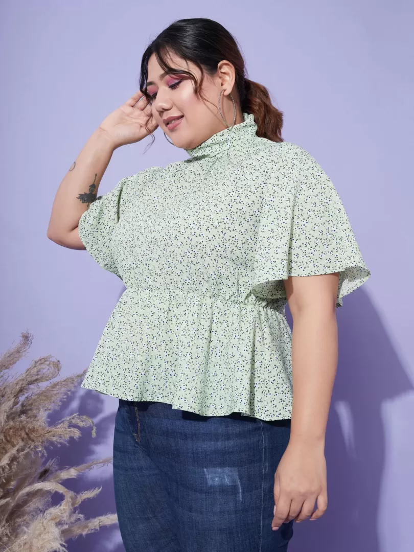 Women Green Floral Back Tie-up Top