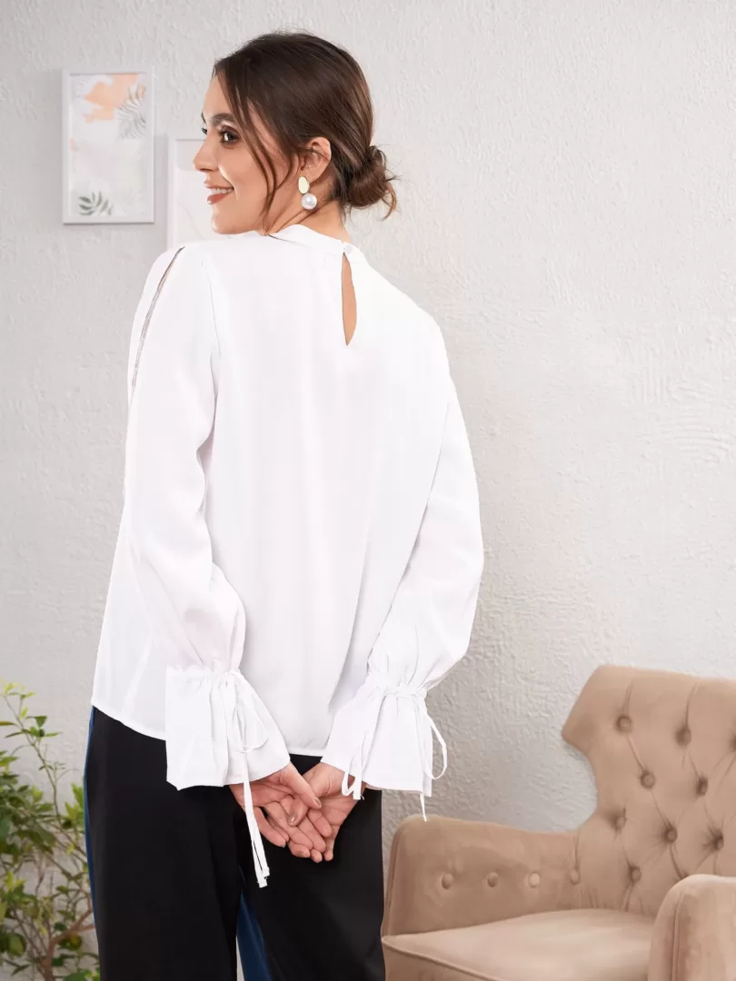 Women White Satin Lace Detail Puff Sleeves Top