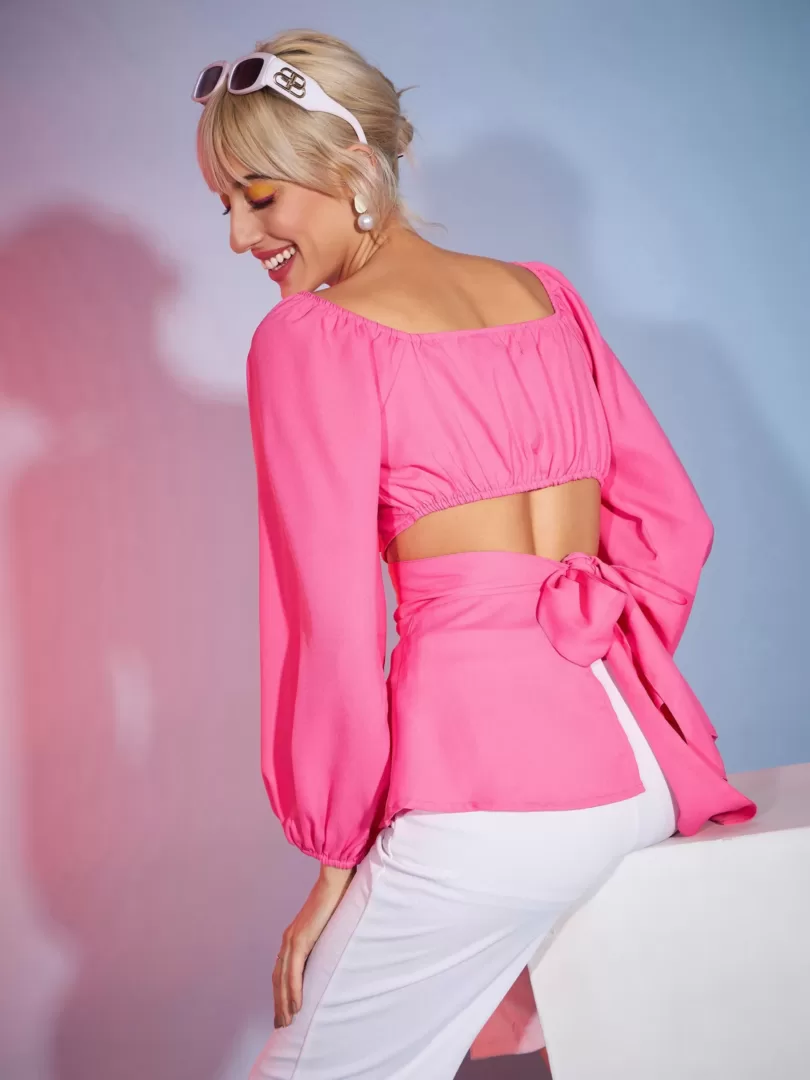 Women Pink Front Ruched Peplum Top