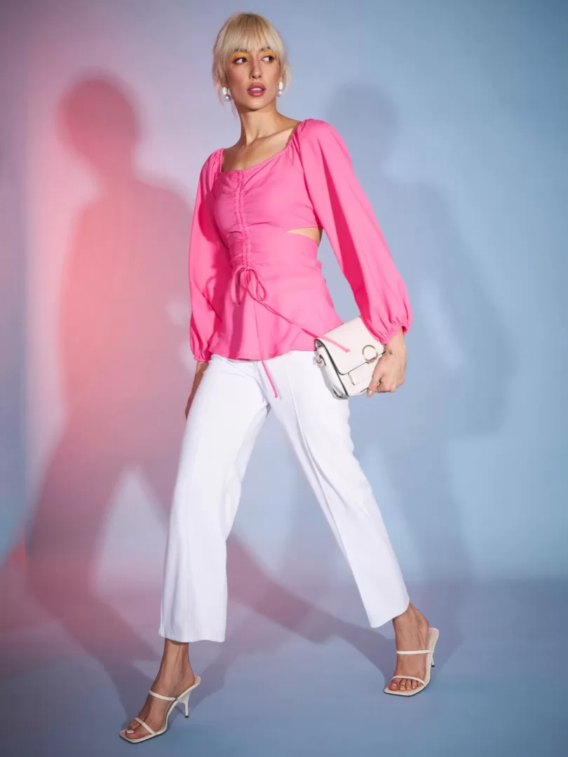 Women Pink Front Ruched Peplum Top