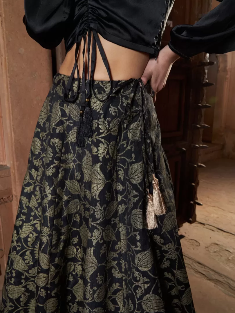 Women Black Satin Ruched Crop Top With Brocade Skirt