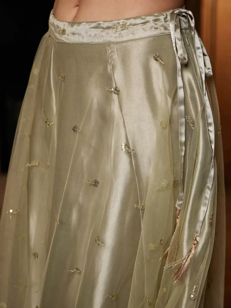 Women Olive Satin Crop Top With Tulle Sequin Anarkali Skirt