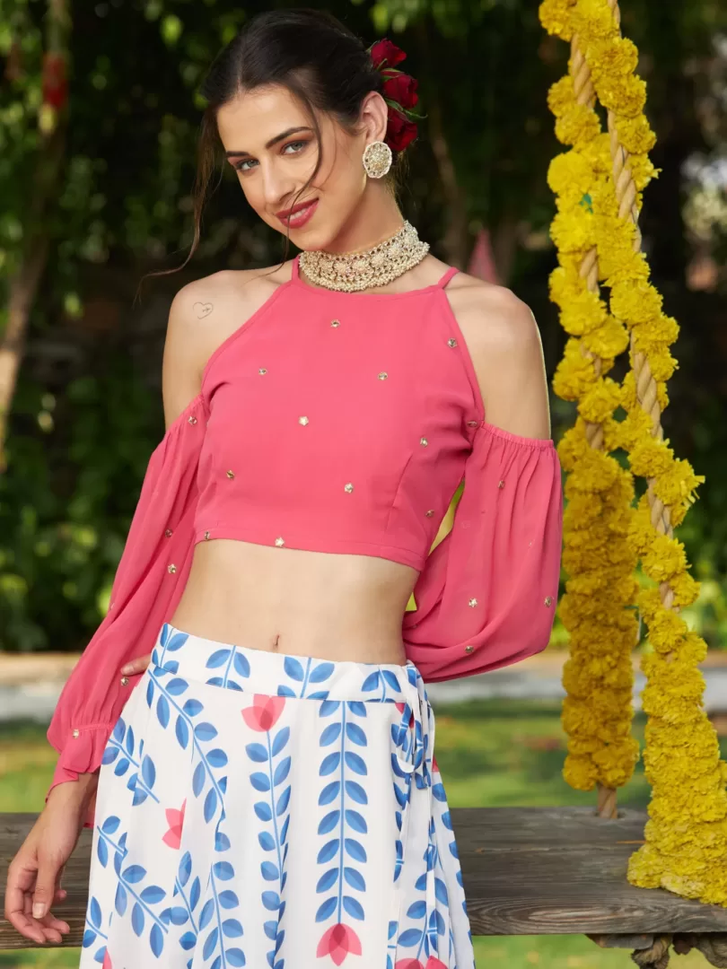 Women Pink Embroidered Crop Top With Lotus Print Flared Skirt