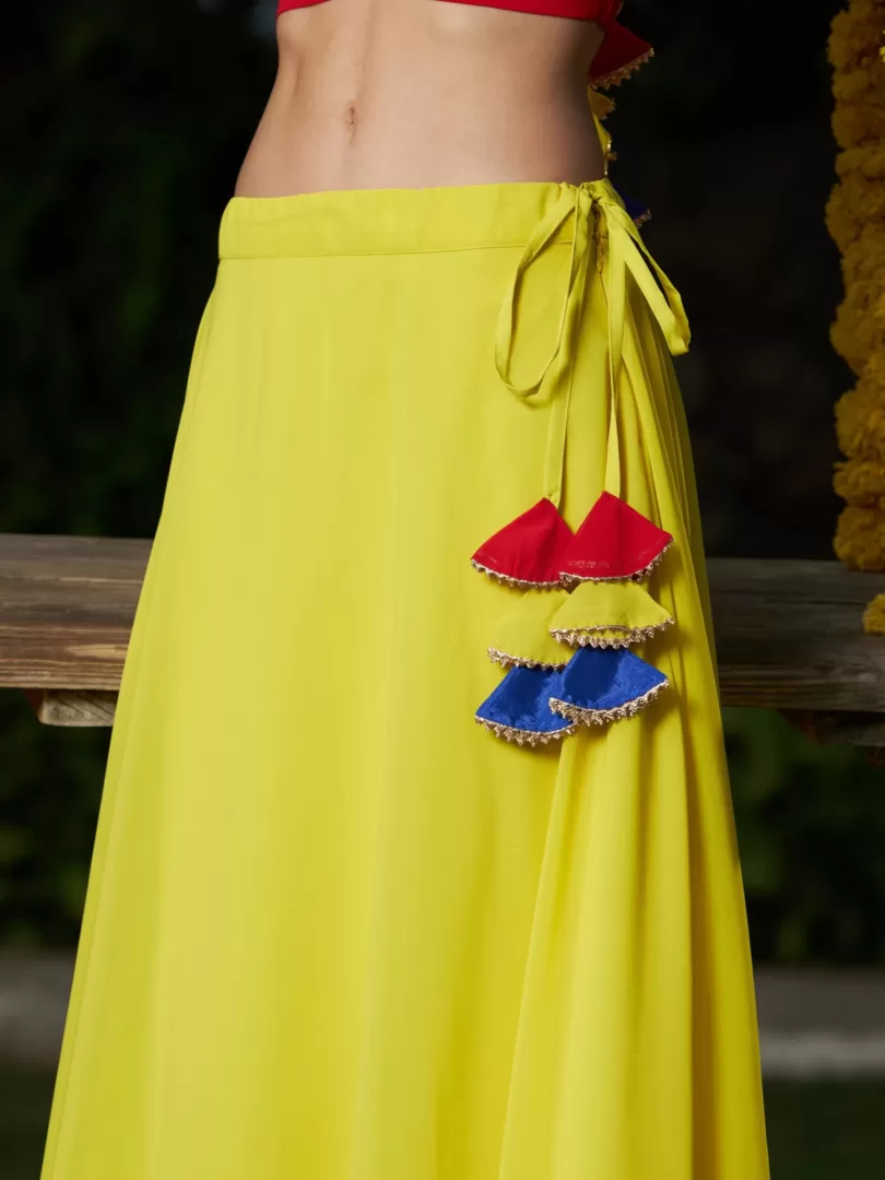 Women Red Embroidered Crop Top With Yellow Flared Skirt