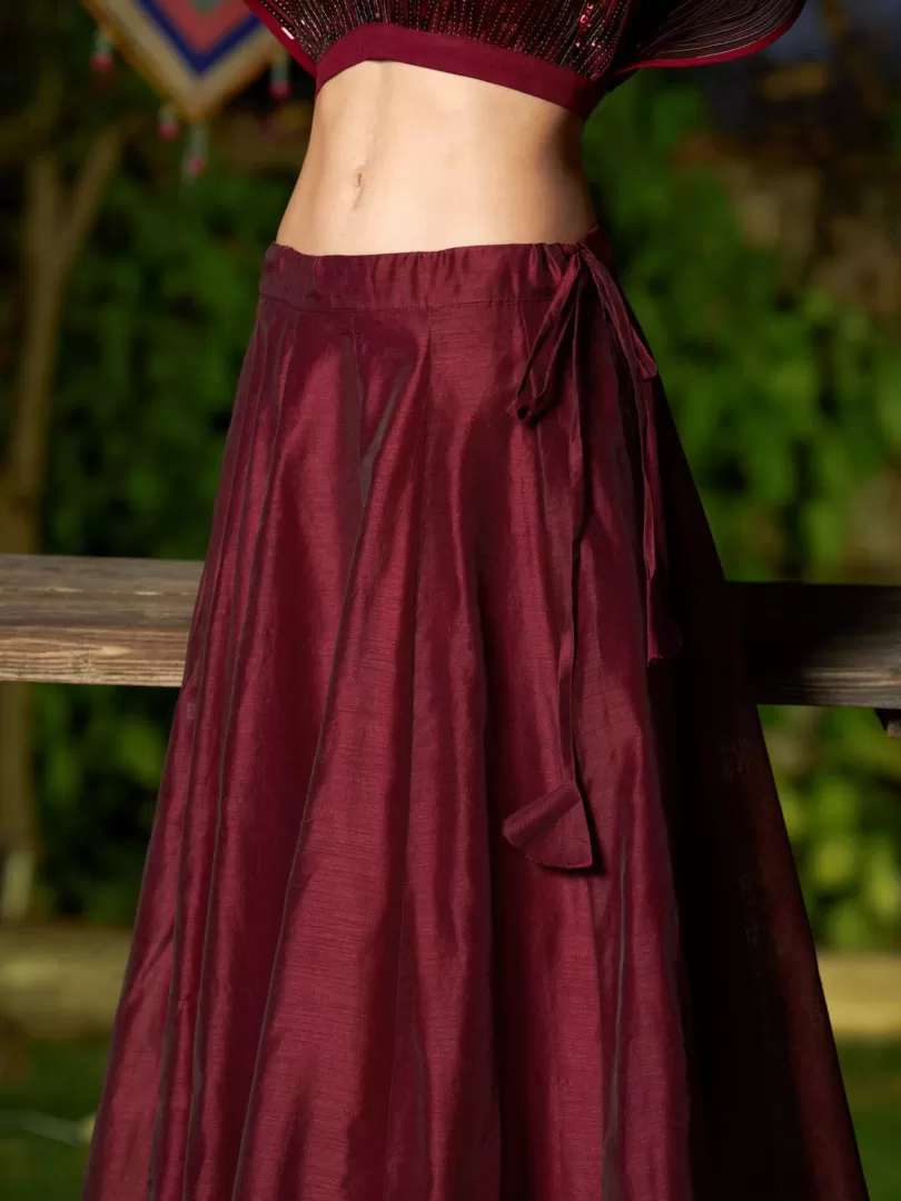 Women Maroon Mesh Mettalic Detail Top with Chanderi Skirt