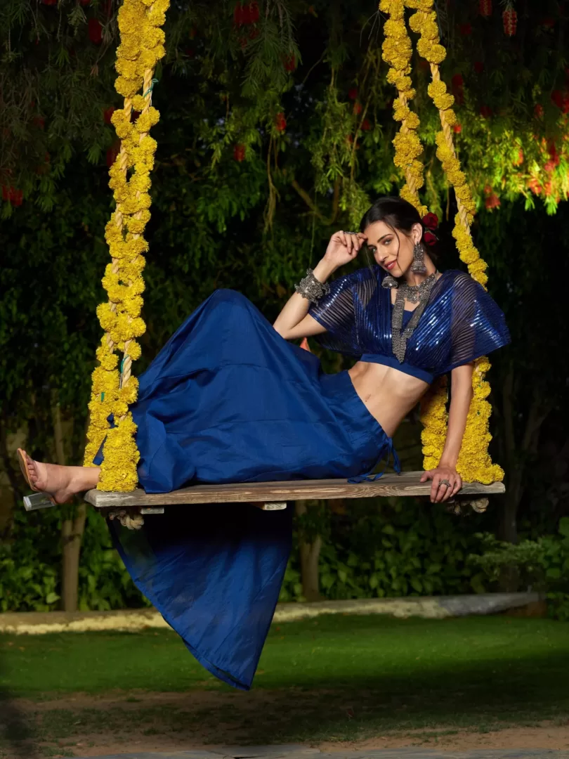 Women Blue Mesh Mettalic Detail Top with Chanderi Skirt