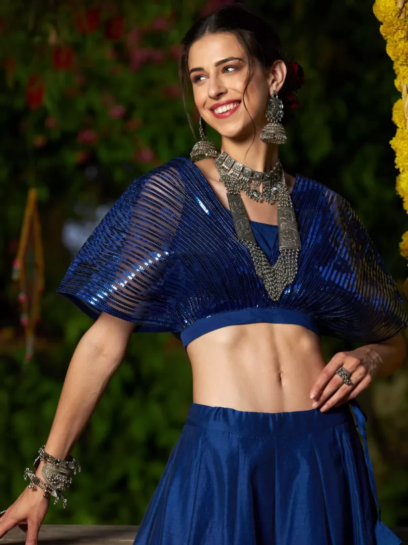 Women Blue Mesh Mettalic Detail Top with Chanderi Skirt