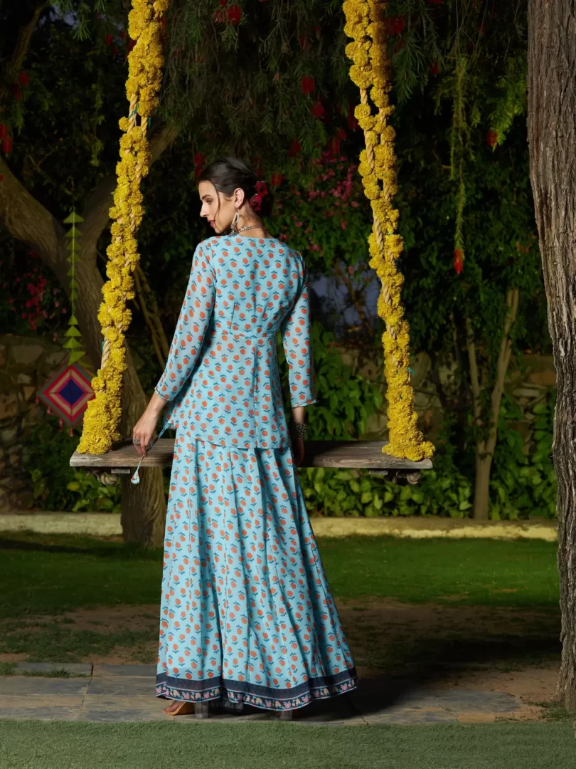 Women Blue Floral Peplum Top With Anarkali Skirt