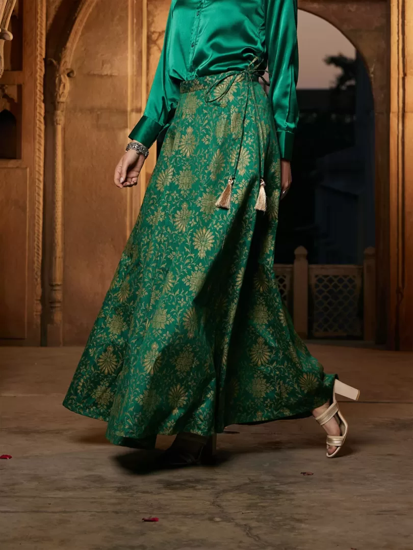 Women Green Brocade Jacquard Anarakali Skirt