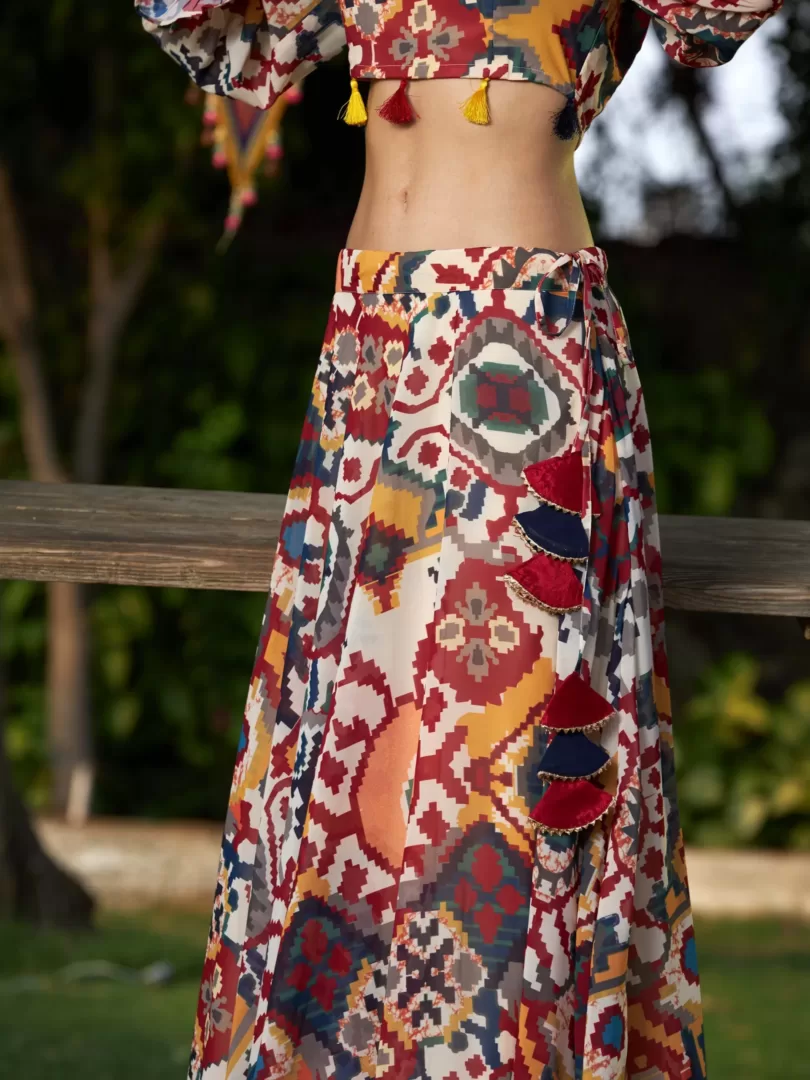 Women Beige Ikat Print Bias Flared Skirt