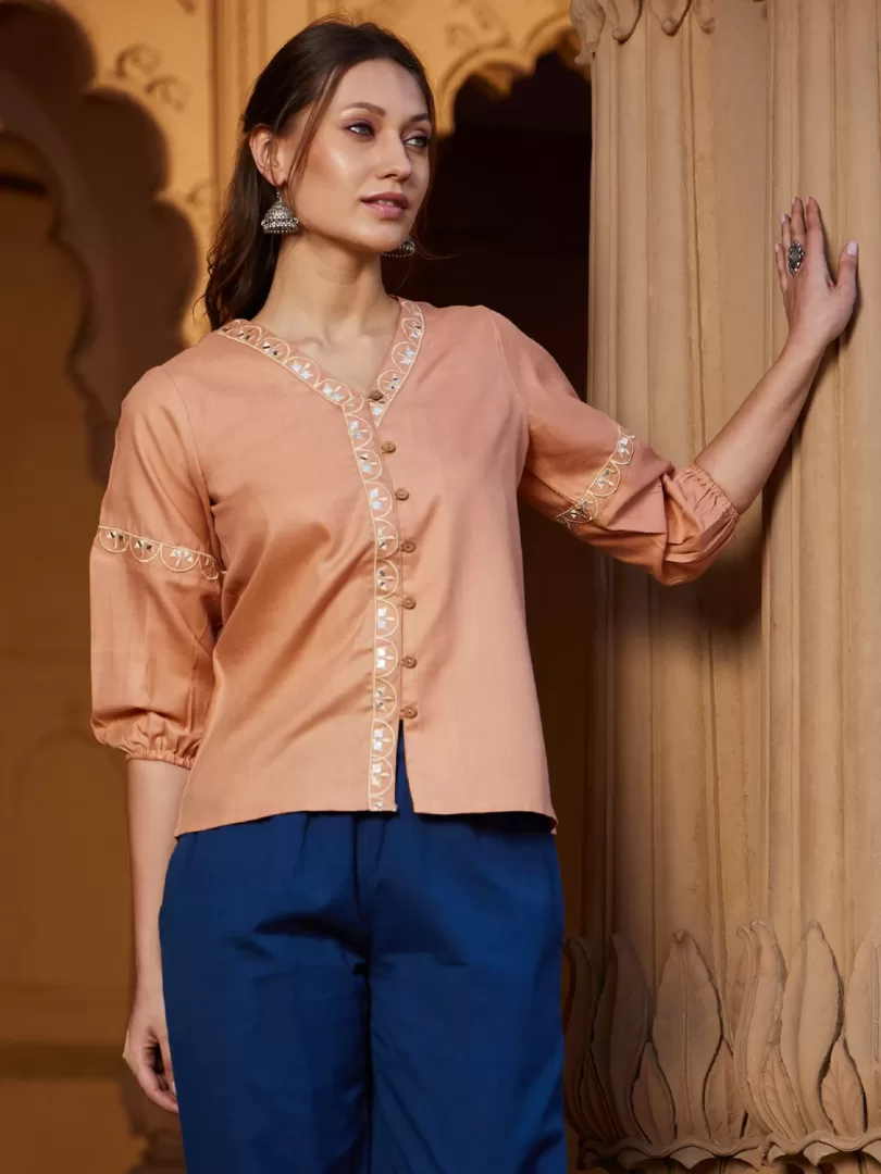Women Peach Scalloped Embroidered Top