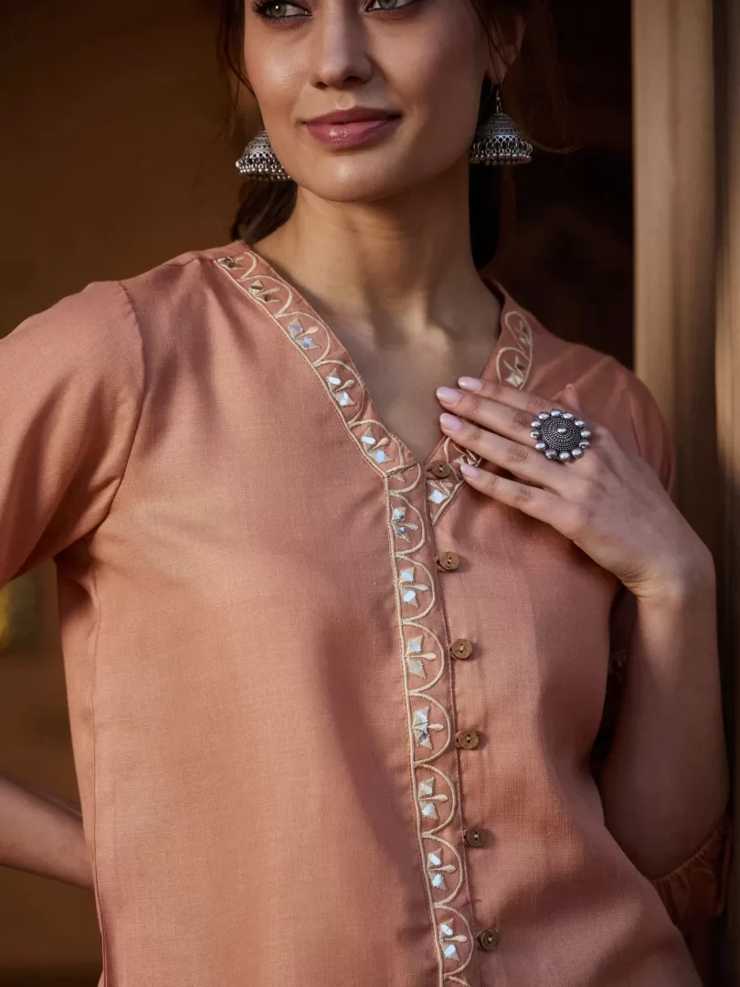 Women Peach Scalloped Embroidered Top