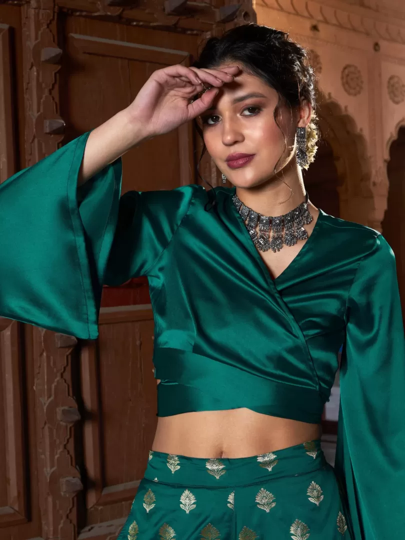 Women Teal Satin Wrap Crop Top