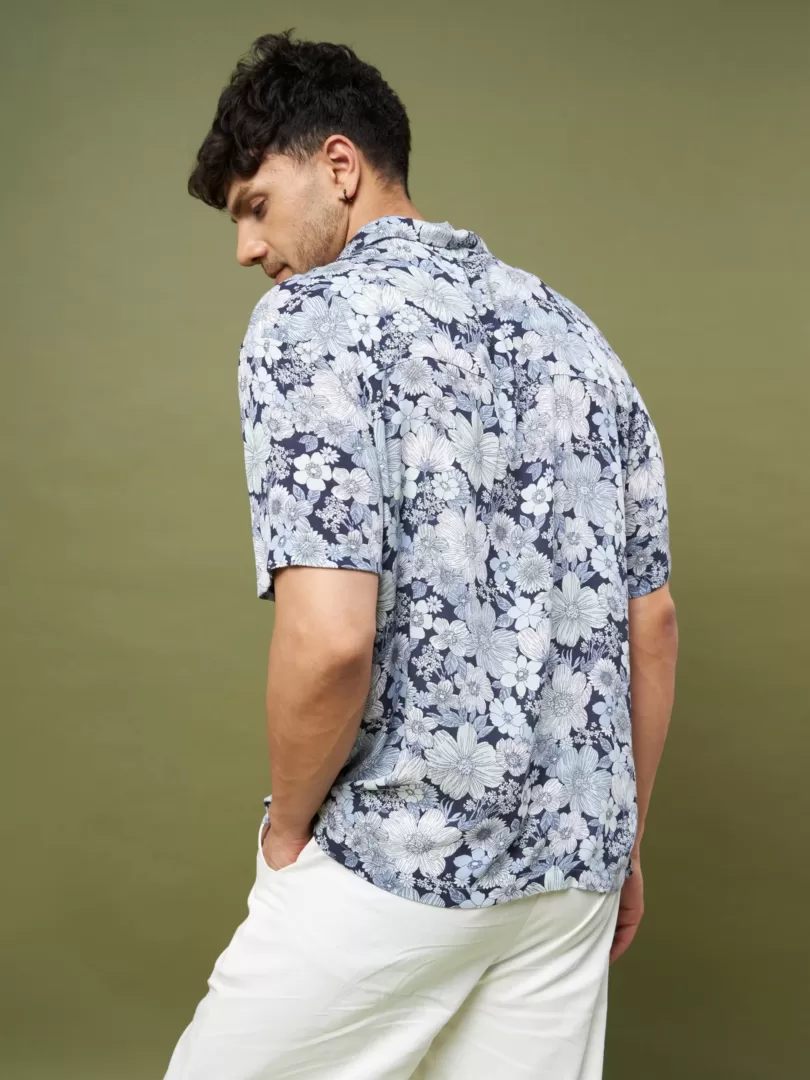 Unisex White & Blue Floral Print Relax Fit Shirt