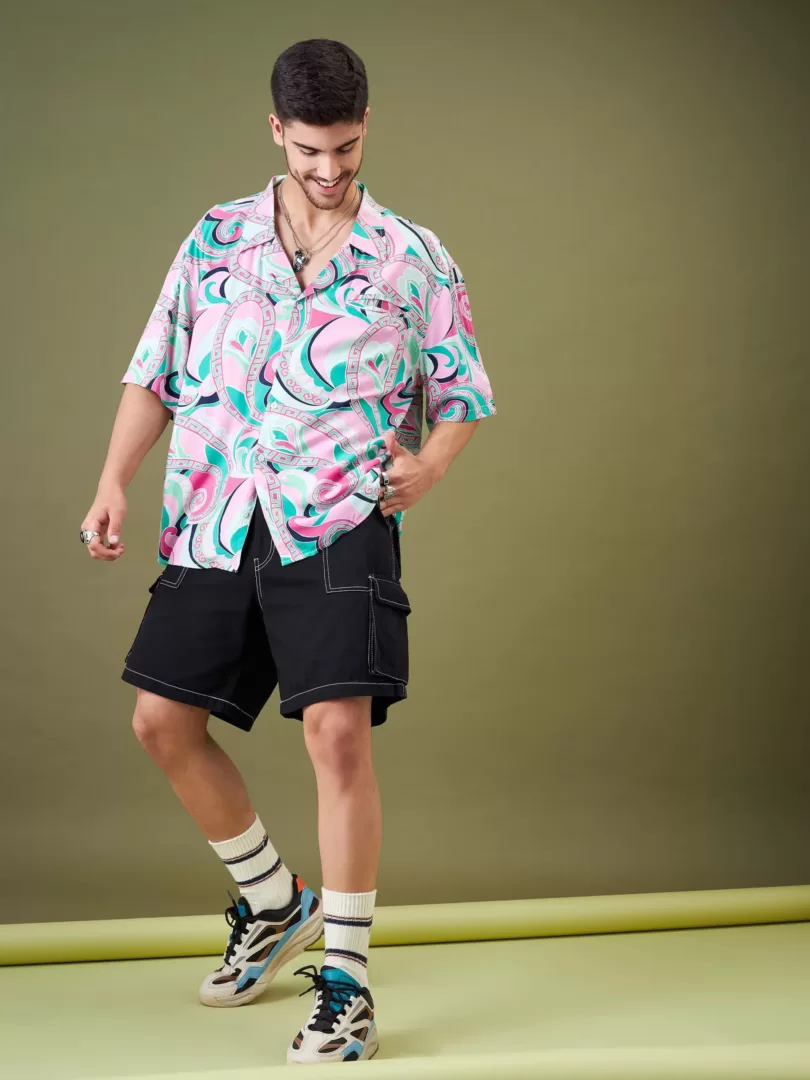 Men Pink & Green Tropical Floral Oversized Shirt