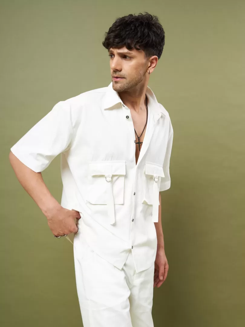 Men White Twill Box Pocket Oversized Shirt