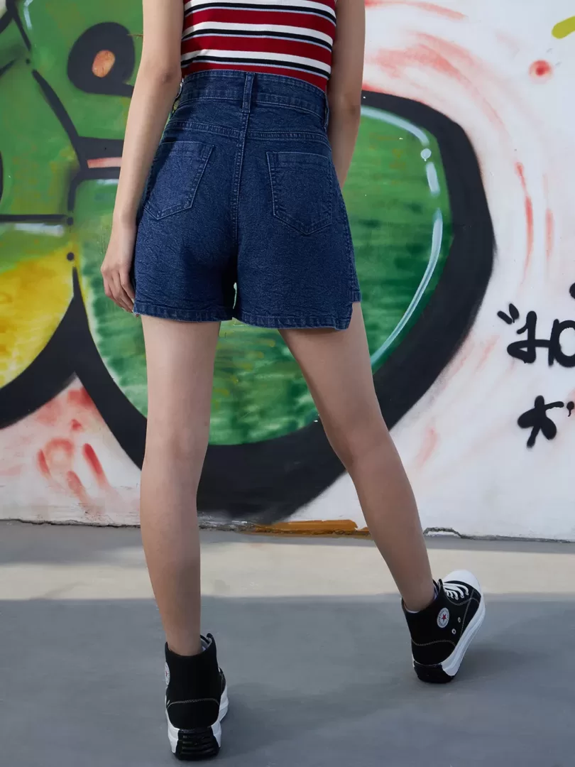 Girls Navy Front Patch Pocket Denim Shorts