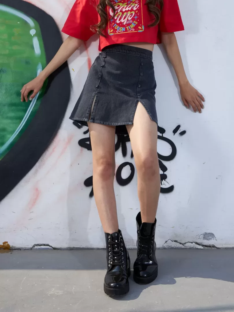 Girls Grey Denim Acid Wash Front Slit Mini Skirt