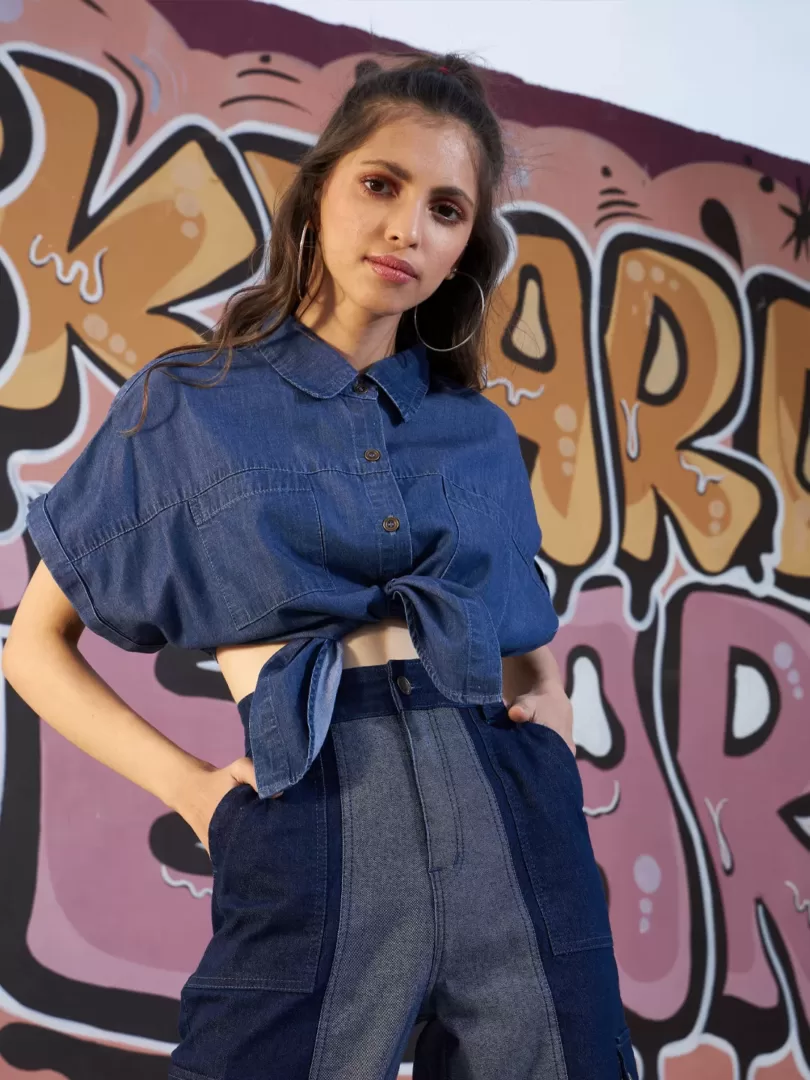 Girls Blue Tencel Crop Oversized Shirt Style Top