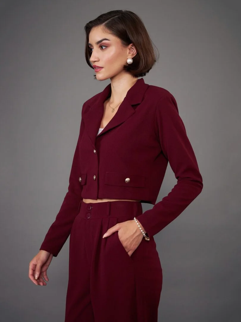 Women Burgundy Notch Collar Crop Blazer