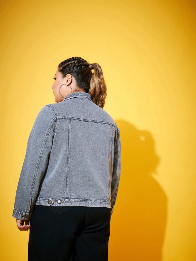 Women Grey Acid Washed Basic Denim Jacket