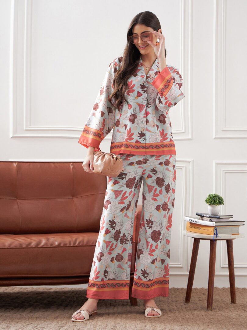 Women White & Sky Blue Tropical Notch Collar Shirt With Lounge Pants