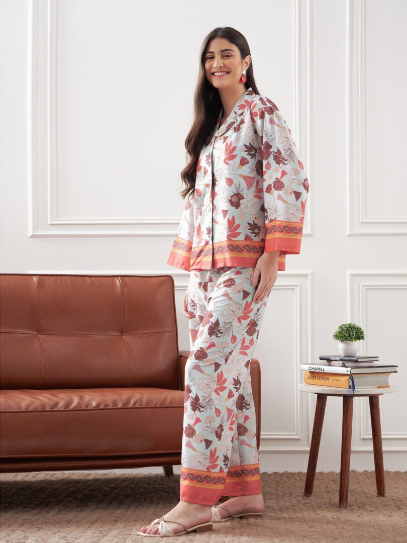 Women White & Sky Blue Tropical Notch Collar Shirt With Lounge Pants