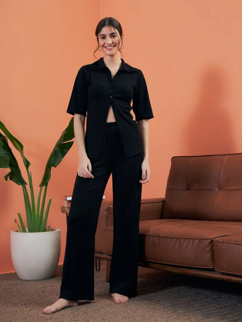 Women Black Rib Shirt With Lounge Pants