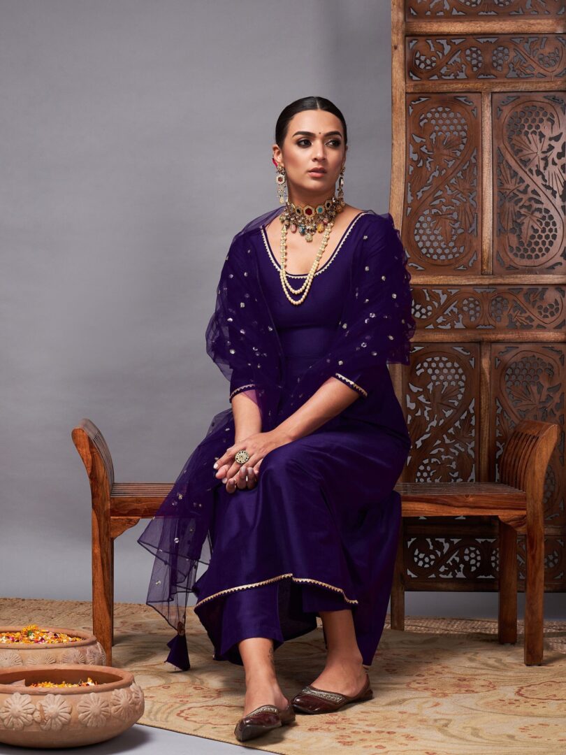 Women Purple Kurta Set With Net Sequins Dupatta