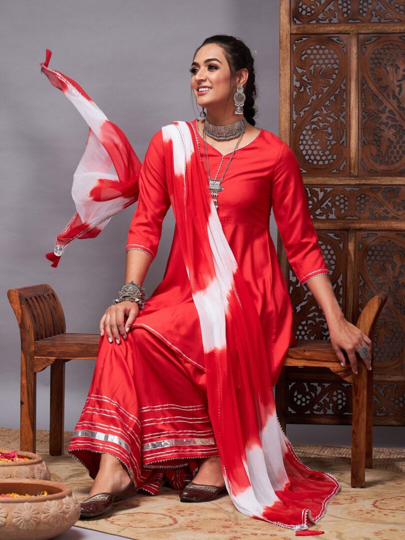 Women Red Short Kurta With Sharara & Lehariya Dupatta