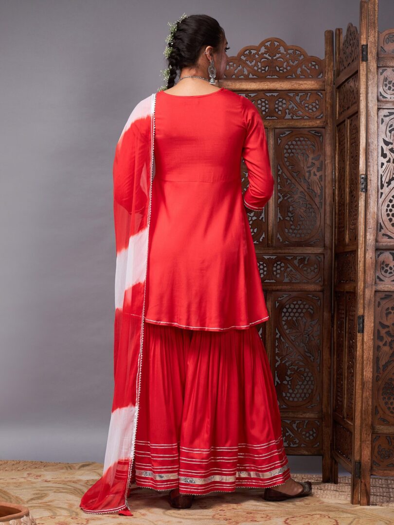 Women Red Short Kurta With Sharara & Lehariya Dupatta