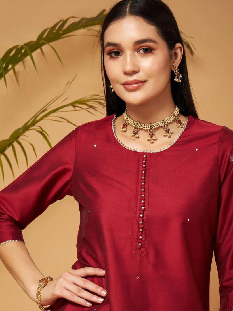 Women Maroon Short Kurta With Printed Flared Palazzos